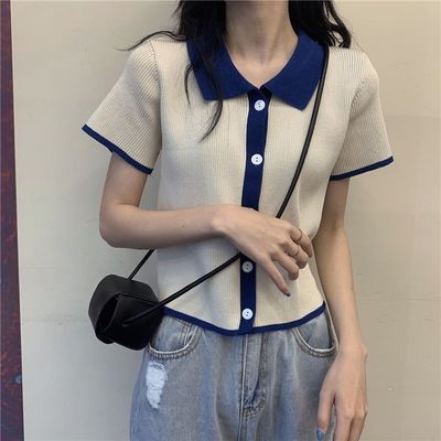 夏季薄款冰丝针织polo领开衫T恤韩版拼色设计修身显瘦短袖上衣潮