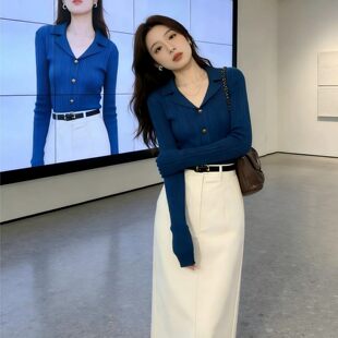 翻领正肩针织衫长袖女春秋季单排扣修身显瘦气质百搭上衣小外套