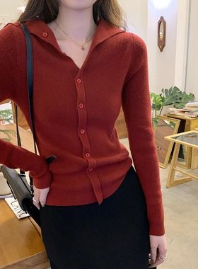 时尚红色V领修身针织开衫女秋冬季长袖纽扣气质简约高级感上衣潮