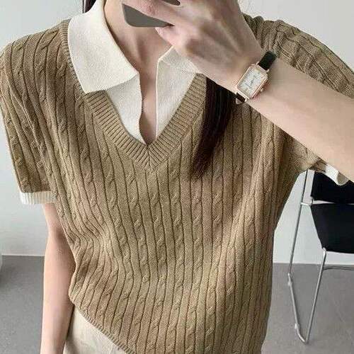 韩系polo领拼接假两件短袖针织衫
