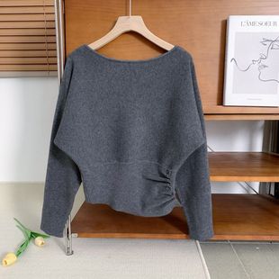毛衣打底上衣 女慵懒风收腰显瘦短款 2026冬季 设计感斜肩灰色针织衫