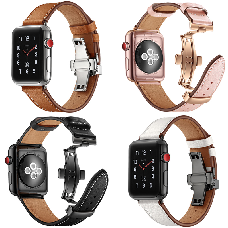 适用apple watch9/8/7表带苹果手表带S7真皮蝴蝶扣iwatch6/5/SE/4代s6/s5男女潮款运动透气腕带通用智能配件-封面