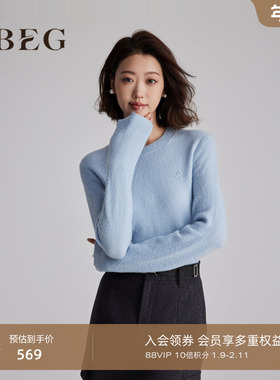 OBEG欧碧倩温柔风蓝色圆领套头羊毛毛衣女冬内搭针织上衣10484080