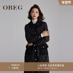 OBEG欧碧倩设计感黑色编织拼接小香风羽绒服中长女冬季50484573