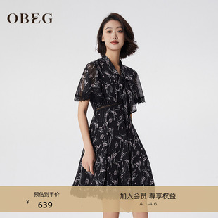 蕾丝连衣裙女南法假日浪漫碎花裙10482169 OBEG欧碧倩黑色薄纱法式