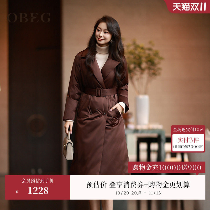 鹅绒OBEG欧碧倩收腰羽绒服轻暖薄款女中长款西装领外套10464157