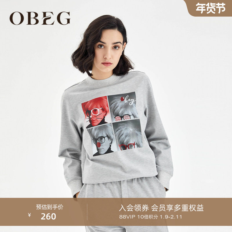 OBEG欧碧倩春季时尚印花圆领无帽宽松套头卫衣女10423113,女装/女士精品,卫衣/绒衫,淘宝优惠券,粉丝福利购,淘宝优惠卷