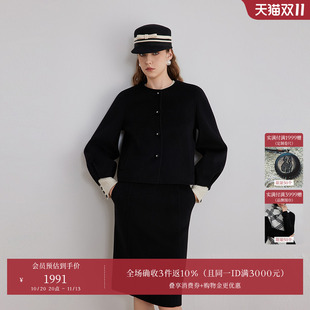 羊毛+羊绒OBEG欧碧倩冬季复古灯笼袖双面呢短款黑色外套10504194