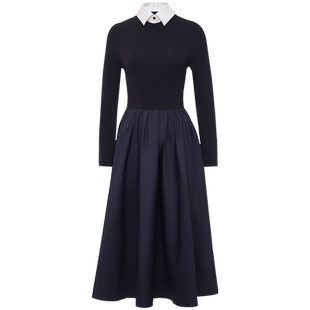 OBEG欧碧倩春秋法式拼接可卸衬衫领中长款长袖连衣裙10463095