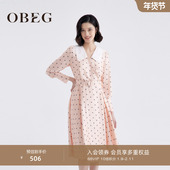 OBEG欧碧倩赫本风优雅OL连衣裙春季 收腰娃娃领中长裙10441078