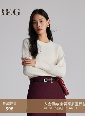100羊绒OBEG欧碧倩纯色简约羊绒针织衫落肩袖软糯毛衣女10484090
