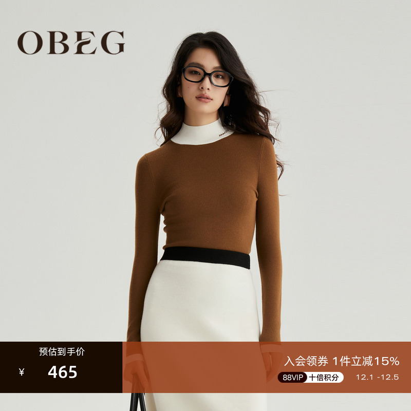 拼色毛针织衫OBEG欧碧倩半高领