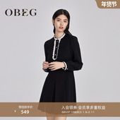 OBEG欧碧倩黑色羊毛针织连衣裙女冬装 收腰花边裙10444062