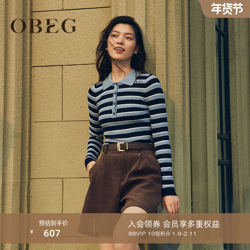 OBEG欧碧倩复古条纹polo领针织衫上衣女冬修身内搭羊毛衫10484040,女装/女士精品,毛衣,淘宝优惠券,粉丝福利购,淘宝优惠卷