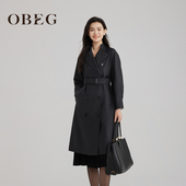 OBEG欧碧倩黑色双排扣老钱法式 10483055 中长风衣外套女高级感秋季