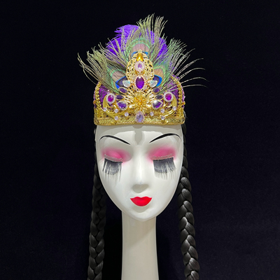 新疆维吾尔族羽毛小花帽带辫子头饰维族组合舞艺考独舞表演帽子