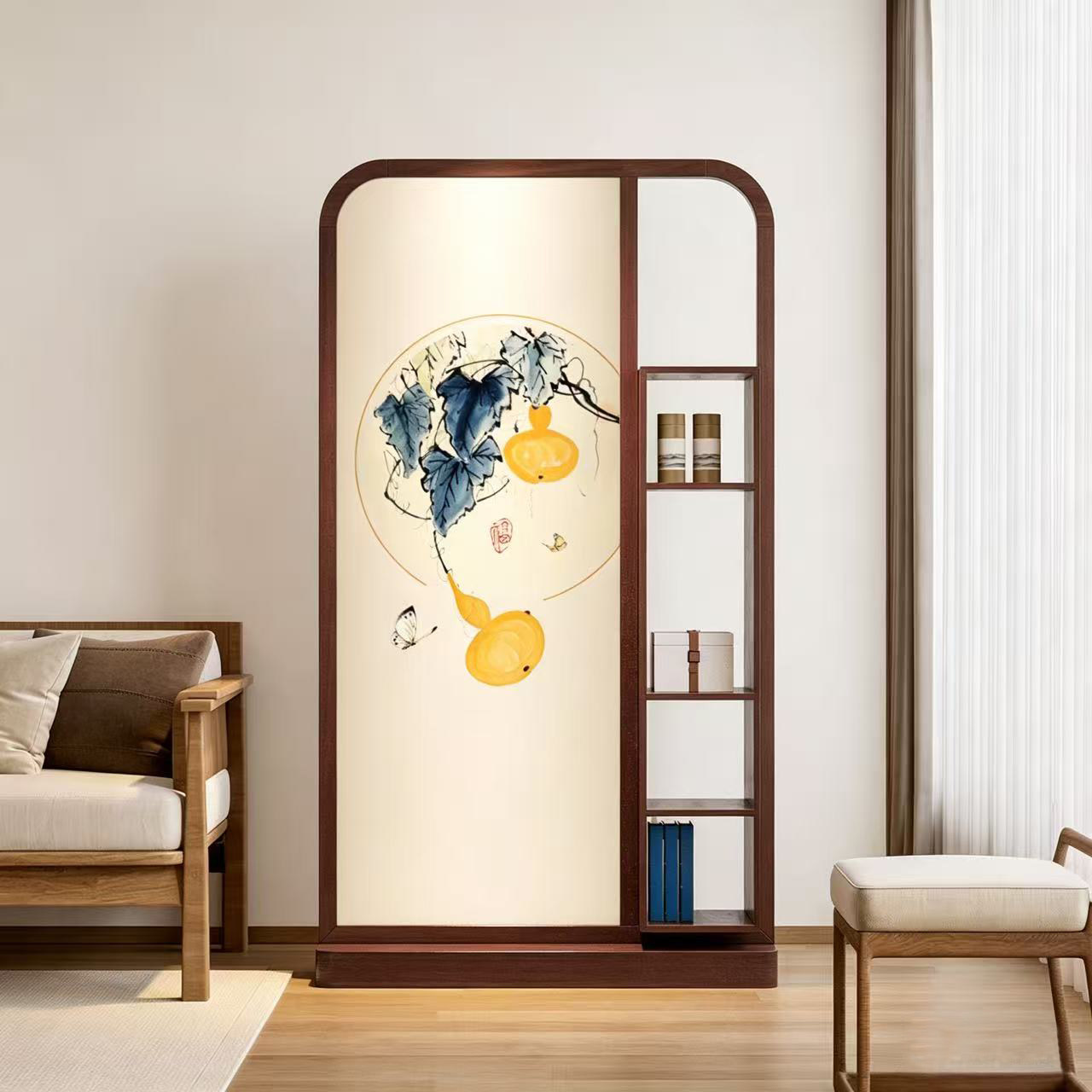 新中式入户门玄关屏风客厅遮挡进门沙发旁可移动实木置物架隔断