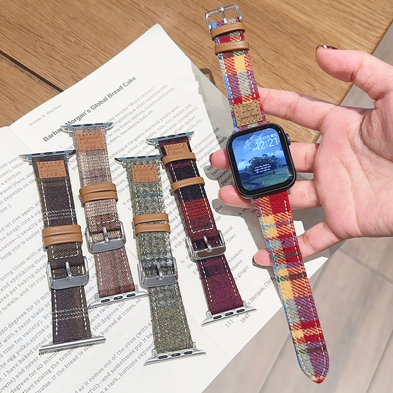 彩色毛呢格纹皮革标签新款秋冬iwatch表带S10适用苹果SE手表56789