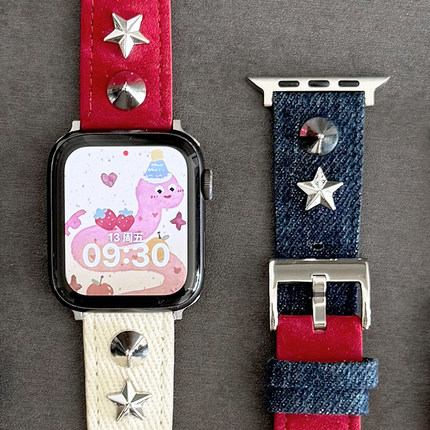 复古翻毛皮牛仔拼色金属iwatch表带se适用S10苹果手表新款秋冬789
