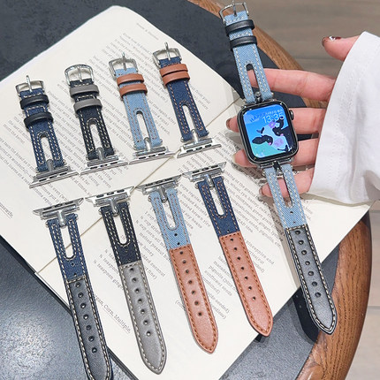 牛仔镂空皮革拼色小众iwatch表带S10适用苹果SE手表56789新款秋冬