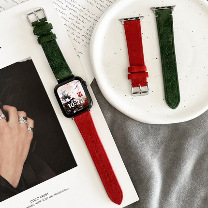 圣诞绒皮真皮秋冬ins风iwatch表带s9适用applewatch苹果se2手表s8