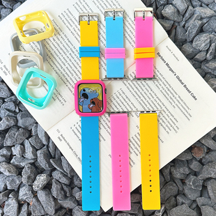 多巴胺拼色硅胶s10适用iwatch表带s9苹果se手表保护壳夏天678新款