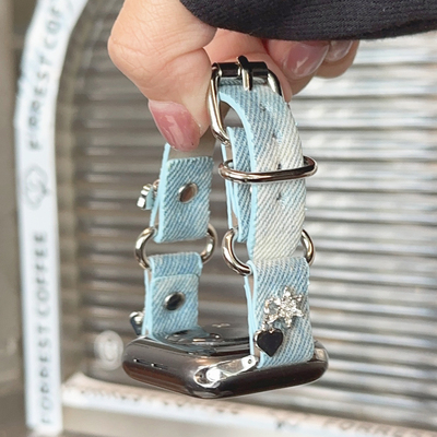 星星镶钻牛仔皮革适用iwatch表带