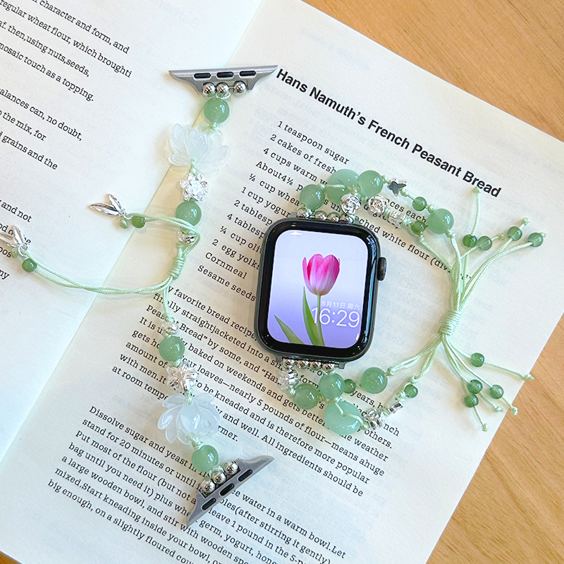 淡绿莲花串珠链条iwatch表带se适用applewatch苹果S8手表S9小众