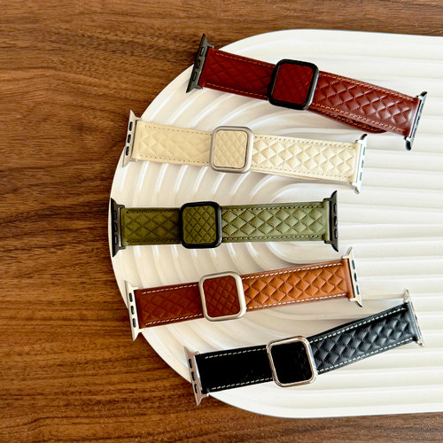 适用iwatch磁吸扣真皮菱格纹表带