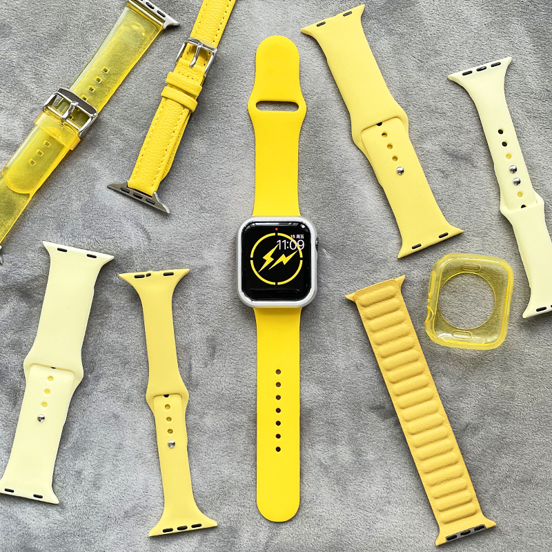 柠檬黄色硅胶真皮磁吸iwatch表带