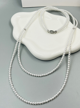 优雅多层白色珍珠毛衣链女双层