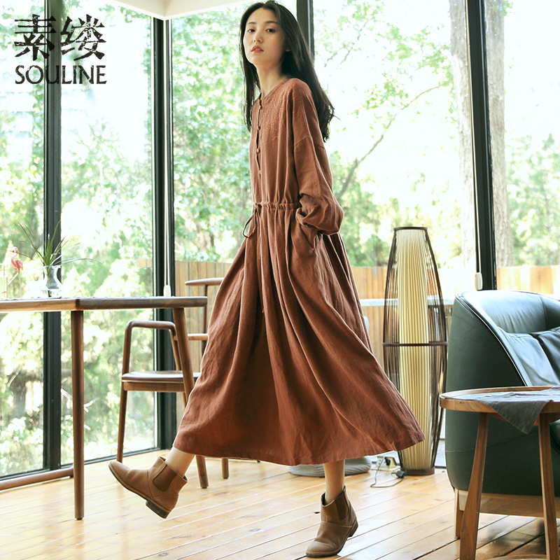 有赠品素缕2019秋装新款女装收腰宽松A字文艺中长款棉麻连衣裙CS9348鹍