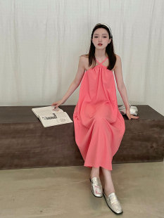 leeandyu2023夏季 度假吊带裙树莓粉仙女沙滩裙挂脖连衣裙长裙 新款