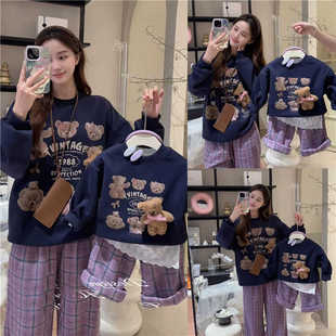 炸街亲子装全家满月百天婴儿一家三口母女装秋冬立体小熊卫衣套装