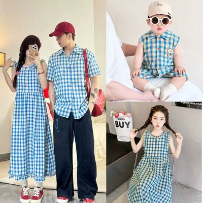 韩系亲子装连衣裙夏装蓝色格子亲子装一家四口母女海边度假连衣裙