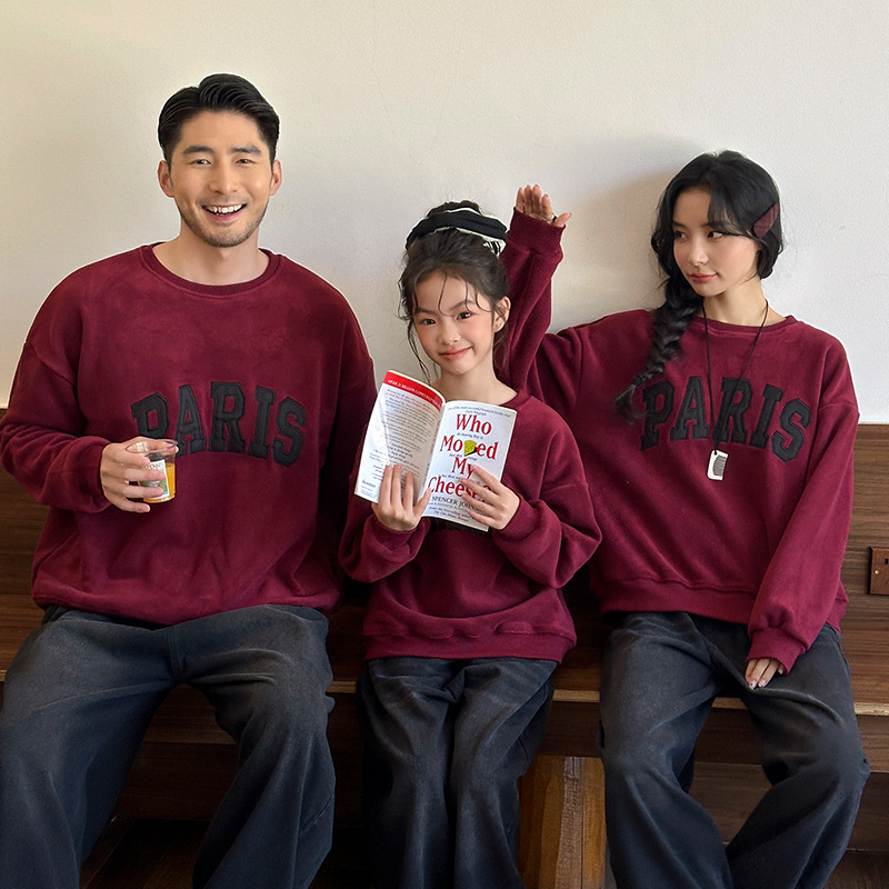 新年亲子装秋冬一家三四口母子女装男女童圆领宽松红色加绒卫衣潮