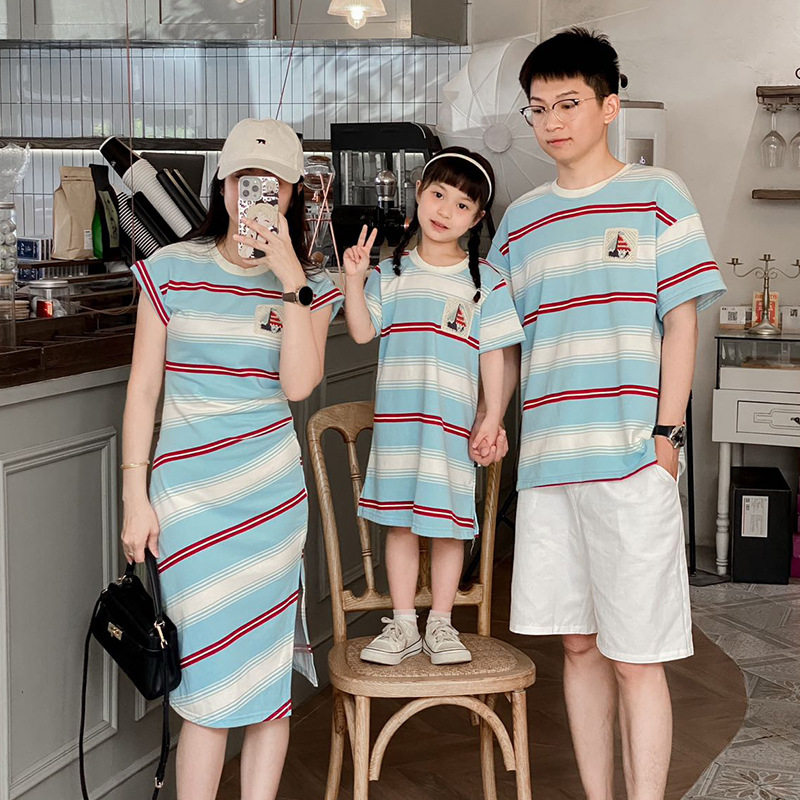 炸街亲子装夏装一家三口条纹T恤高级感小月龄婴儿母女连衣裙洋气