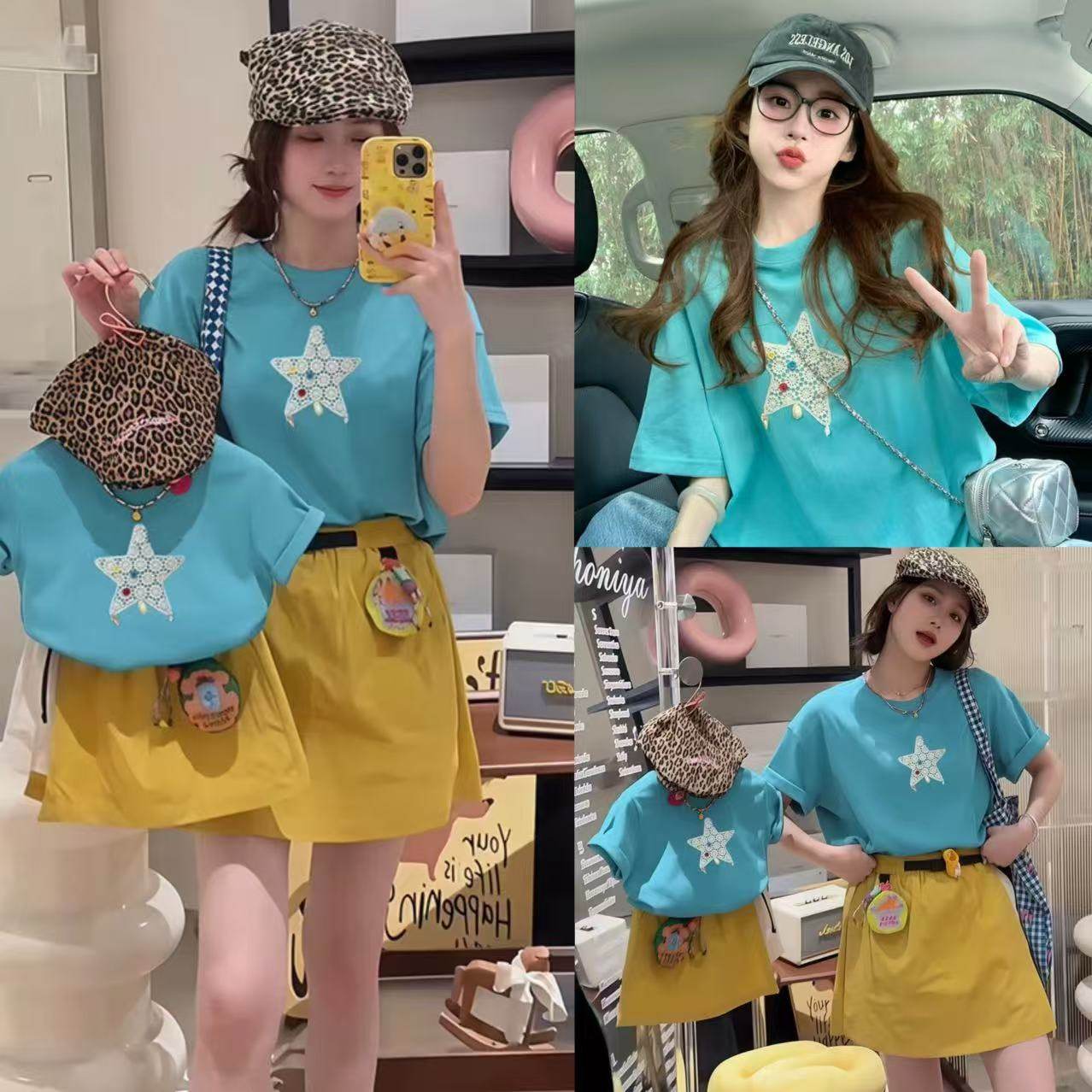 今年流行的亲子装宽松绣花五角星T恤洋气母女母子装一家三口包P衣