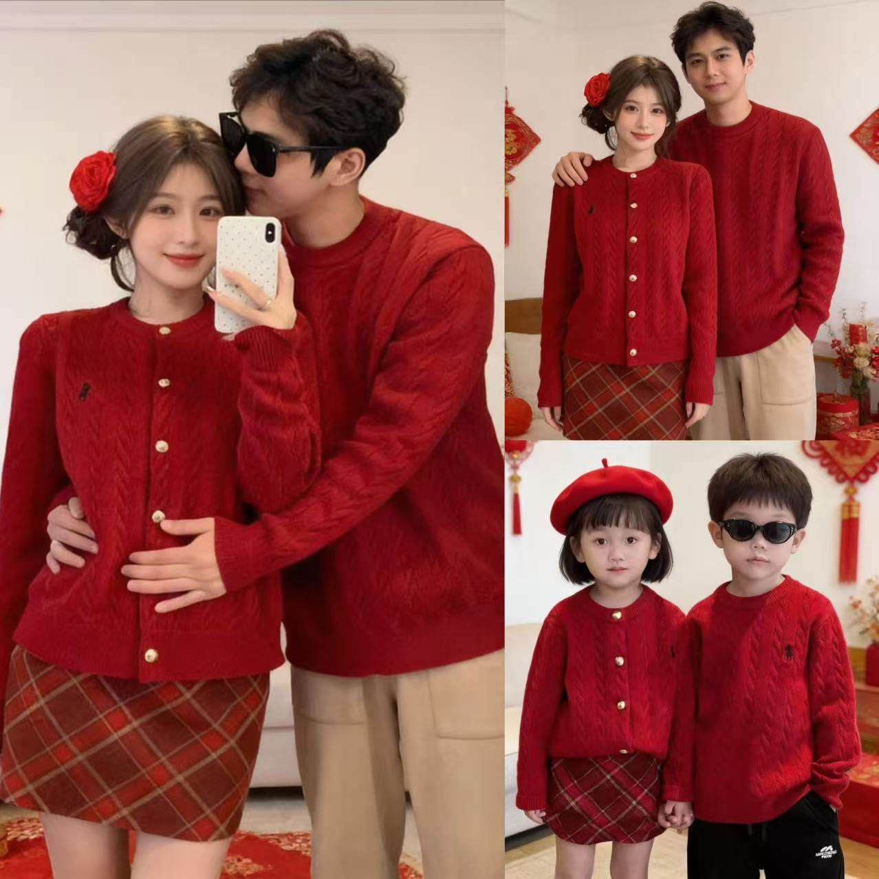 新年亲子装毛衣2025新款一家三口四口红色拜年服针织衫外套喜庆潮