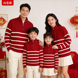 马年亲子装红色毛衣一家三口四母女母子条纹针织衫春节拜年全家福
