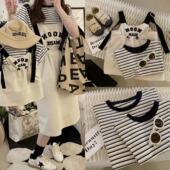 全家一家三口四口潮 条纹T恤背带裙母子母女装 抖音炸街亲子装 套装