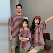 短袖 夏季 宽松休闲洋气母子母女 一家三口条纹t恤全家装 炸街亲子装