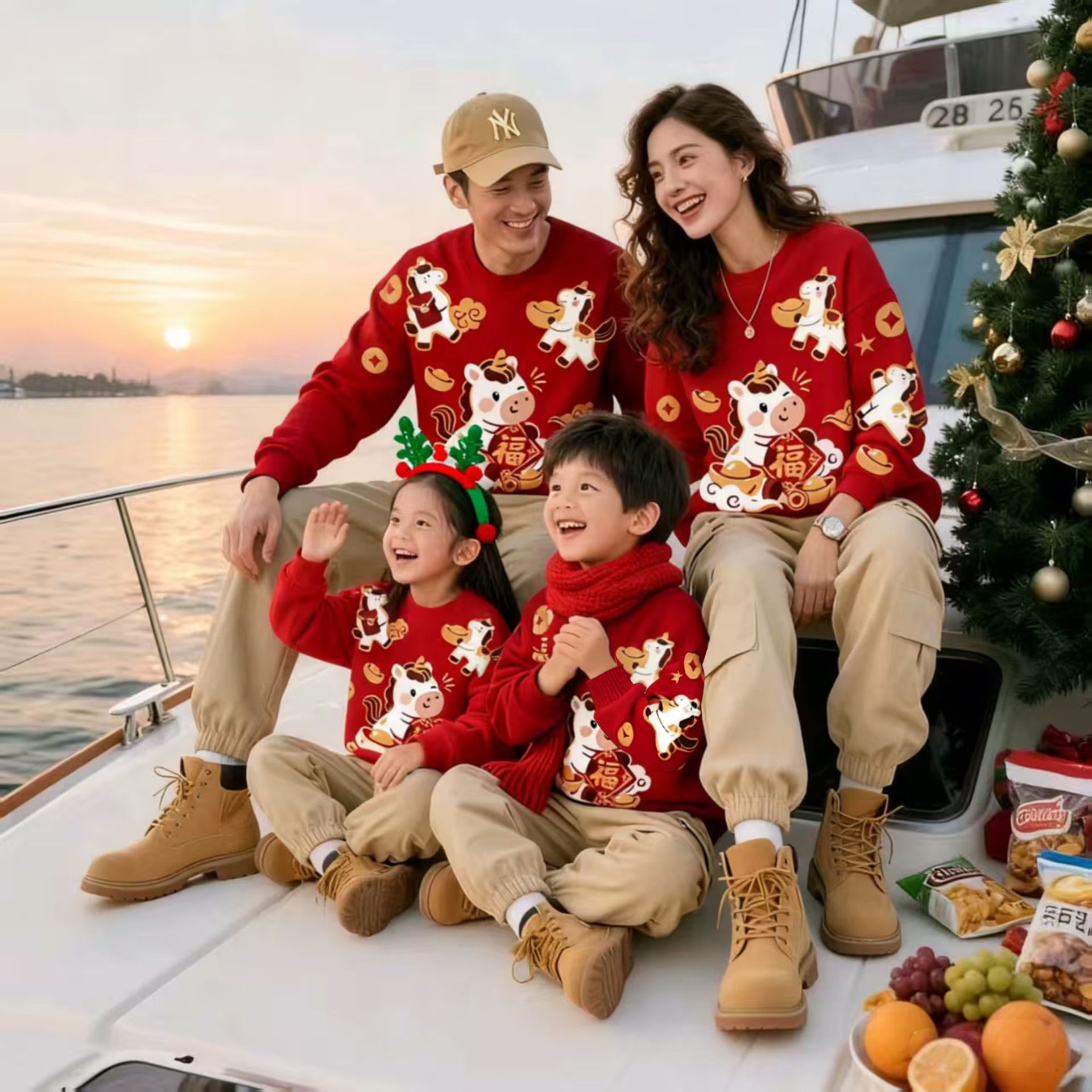 高级感亲子装2025潮秋冬毛衣一家三口小月龄母子针织衫马上有福