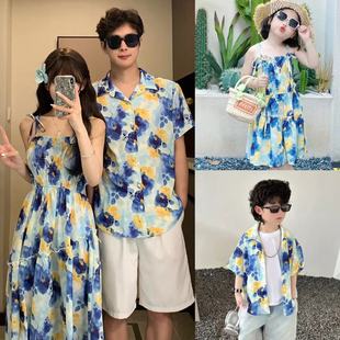 海边炸街亲子装夏装2025新款一家三口衬衫短袖宽松沙滩母女连衣裙