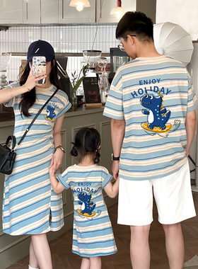炸街亲子装夏一家三口韩版母子母女连衣裙母子短袖T恤婴儿全家装
