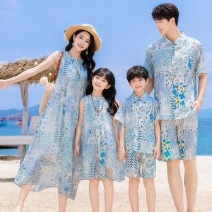 2026夏季海边度假亲子装一家三口四口母女款吊带裙衬衫高端沙滩裙