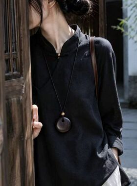 新中式黑檀木长款项链女复古金珠