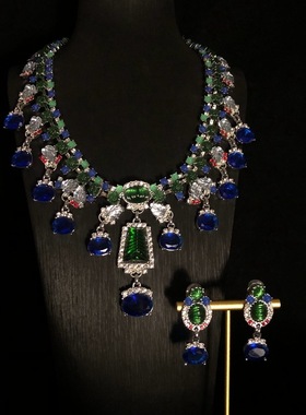 中古重工蓝色莱茵石项链耳环套装女高订欧美夸张高级气质项链耳夹