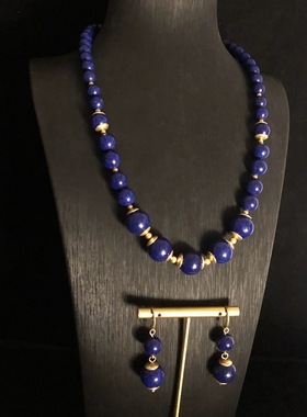 跨境潮流时尚配饰天然青金石串珠项链同款铜耳勾耳环复古风毛衣链