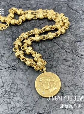 中古文艺复古简约项链 复古设计感人像吊坠项链 圆形金币轻奢项链
